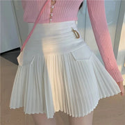 Summer White Pleated Skirts Sexy Casual Slim College Women High Waist Mini Metal Letter D Ontwerp A-lijn Korean Fashion Style