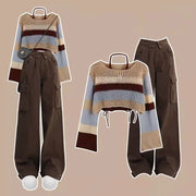 2024 Spring Autumn Sweater Halter Sling Cargo Pants 1 or 3 Piece Set Women Casaul Multi Stripe Knit Tops Vest Trousers Outfits