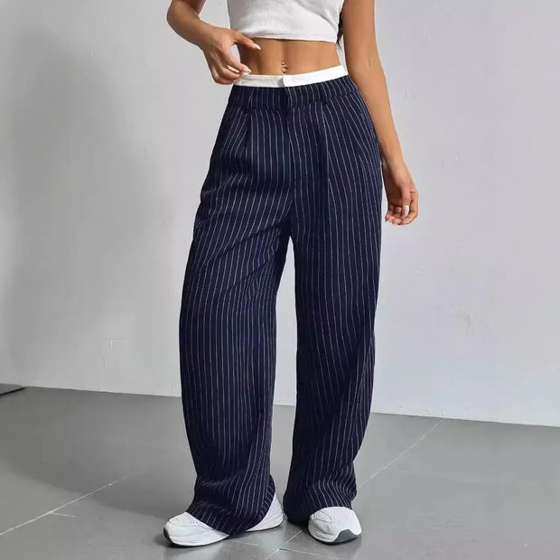 Women Stripes Printed Full Length Pants Trousers High Waist Fashion Casual Y2K Pants Loose Wide Leg