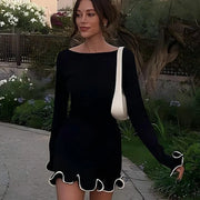 New Women's Dresses Elegant Round Neck Pleat Long Sleeve Casual Slim Pink Sexy Black Short Dresses Lady Street Chic Party Dress