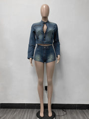 2024 New Arrival Fashion 2 Piece Outfits Zipper Long Sleeve Crop Jean Jacket and Denim Shorts Women Two Piece Denim Sets