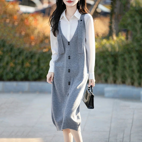 Spring and autumn knitted strap dress women's wool sweater fashion large size pullover strap skirt V-neck Chic button Long dress