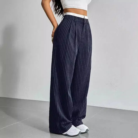 Women Stripes Printed Full Length Pants Trousers High Waist Fashion Casual Y2K Pants Loose Wide Leg