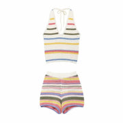 TRAF 2024 Woman 2 Pieces Shorts Sets New Knitted Stripe V-Neck Top Women Suit Two Piece Set Women High waisted Shorts Outfit ﻿