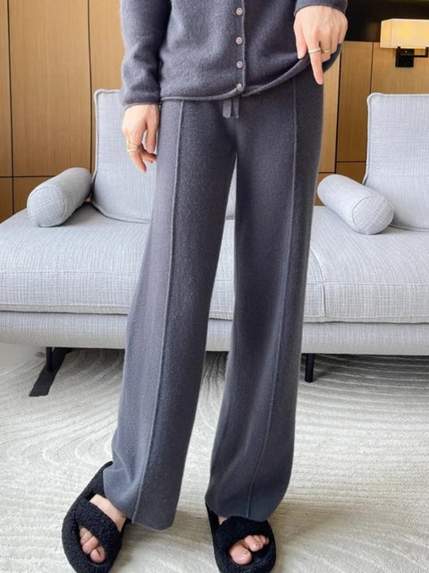 2024 High-end Cashmere Temperament Wide-leg Pants Women's High Waist 100 Pure Wool Pants Loose Casual Straight Outer Trousers