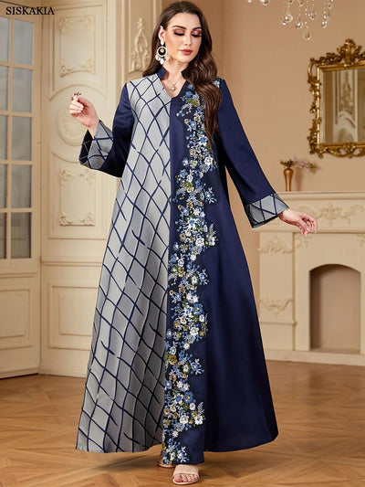 Siskakia Ramadan-Dubai Sequins Embroidery Panel Long Dresses For Muslim Women's Patchwork Sleeve Kebaya V-Neck Abayas