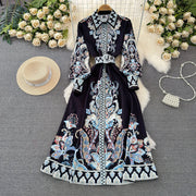 Vestidos Women Palace Retro Printing Dress Autumn And Winter Long Sleeve Elegant Single Breasted A-Line Shirts Dresses Robe