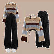 Women's Spring Vintage Hollow Stripe Long Sleeved Knitwear+Strap+Cargo Pants Suit Korean Elegant Sweater Trousers Matching Set