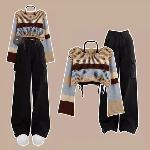 Women's Spring Vintage Hollow Stripe Long Sleeved Knitwear+Strap+Cargo Pants Suit Korean Elegant Sweater Trousers Matching Set