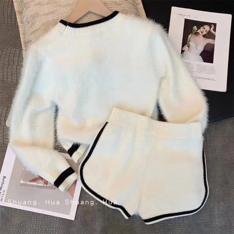 Short Sets 2024 Knitted Set Women's Autumn 2023 New Casual Fashion Letter Sweater Crop Tops Wide Leg Shorts Y2k Short Pants