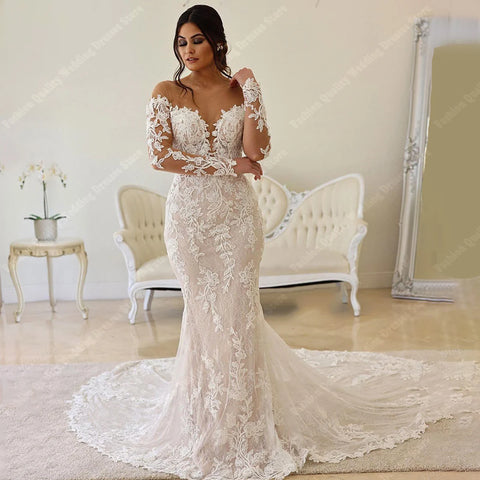 Deep-V Neck Wedding Dresses For Women 2024 Off Shoulder Lace Long Sleeves Mermaid Bridal Gowns Ball Vestidos De Novia Customized