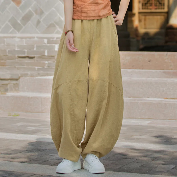 Elegant Women's Cotton Linen Baggy Cargo Pants Vintage Elastic Waist Yoga Trousers Loose Casual Long Wide Leg Oversize Clothes