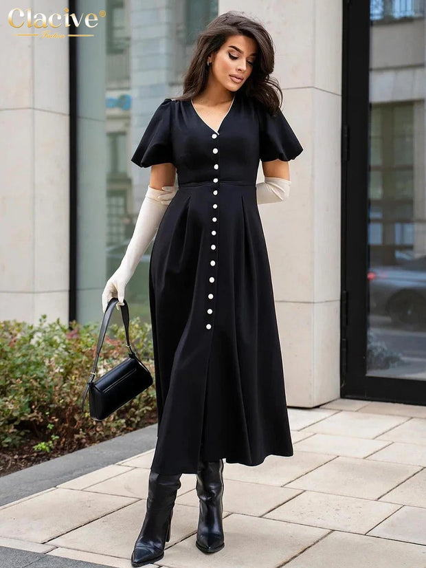 Clacive Summer Loose Black Women's Dress 2025 Fashion V-Neck Short Sleeve Ankle Length Dresses Elegant Classic Slit Female Dress