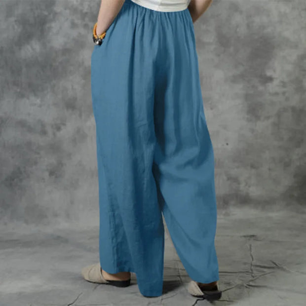 New Summer Loose Size Casual Wide-Leg Pants Solid Color Cotton Linen Elastic Waist Pants Ladies Street Drawstring Trousers