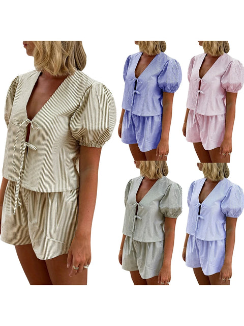 Women Summer Shorts Outfits Lounge Set Stripe Print Short Puff Sleeves Bow Tie Front Tops with Elastic Waist Shorts Set Pajamas