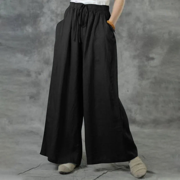 New Summer Loose Size Casual Wide-Leg Pants Solid Color Cotton Linen Elastic Waist Pants Ladies Street Drawstring Trousers