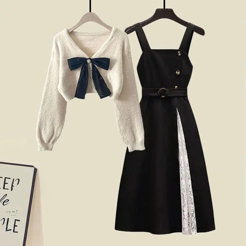 Women's Spring Autumn New Knitted Sweaters Two Piece 2025 Korean Elegant Bow Cardigan Strap Skirt Matching Set Female Clothing