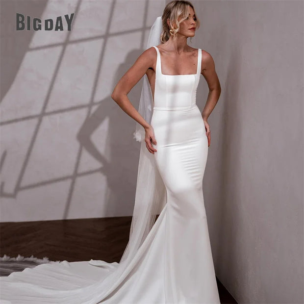 Elegant Mermaid Wedding Dresses Women Spaghetti Strap Open Back Square Collar Bridal Gown Train Vestidos De Noiva Customized