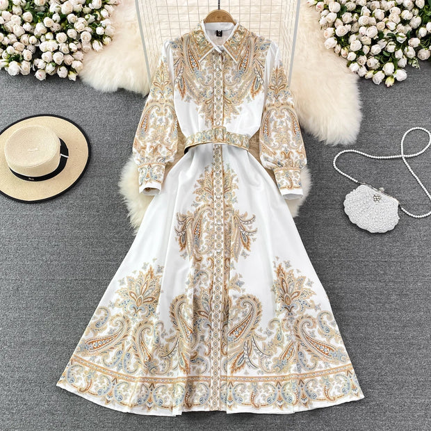 Vestidos Women Palace Retro Printing Dress Autumn And Winter Long Sleeve Elegant Single Breasted A-Line Shirts Dresses Robe