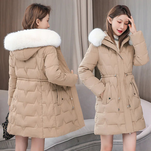 2024 New Winter Women Parka Fur Hooded Jackets Thicken Warm Cotton-padded Puffer Coat Casual Long Parkas Clothes Loose Outerwear