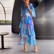 Elegant Chiffon Print Long Party Dresses For Women 2025 Summer Fashion Half Sleeve V-neck Lace Up Maxi Dress Casual