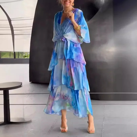 Elegant Chiffon Print Long Party Dresses For Women 2025 Summer Fashion Half Sleeve V-neck Lace Up Maxi Dress Casual