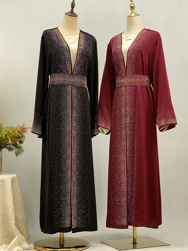 Hot Selling Ramadan Rhinestone Cardigan Islamic Dresses With Pockets Kebaya Muslim Kimono Abaya Dubai Modest Clothing Women Red