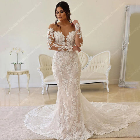 Deep-V Neck Wedding Dresses For Women 2024 Off Shoulder Lace Long Sleeves Mermaid Bridal Gowns Ball Vestidos De Novia Customized