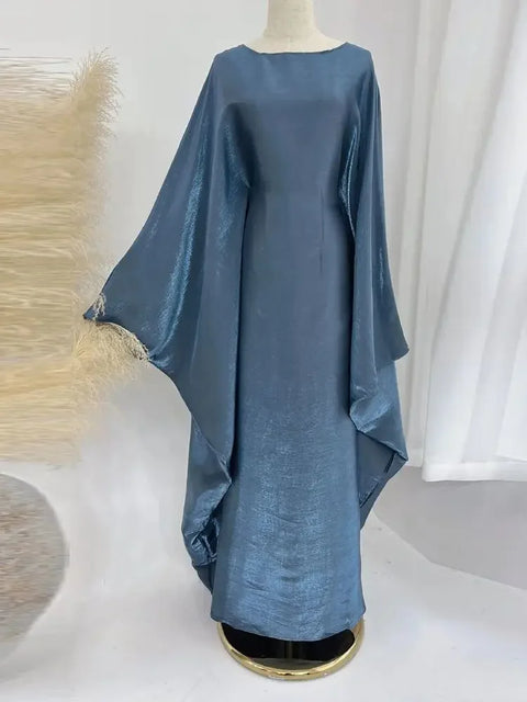 Ramadan Eid Summer Satin Batwing Abaya Dubai Women Islam Muslim Maxi Kaftan Dresses Kebaya Caftan Marocain Robe Femme Musulmane