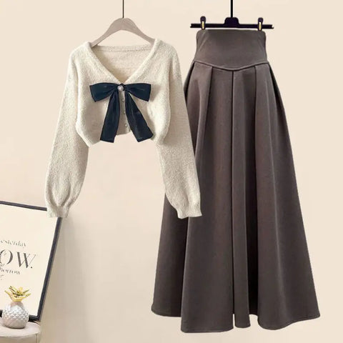 Korean Fashion Casual Skirt Sets Knitted Pullover+ Slim Umbrella Skirt Two Piece Set Plus Size Clothing