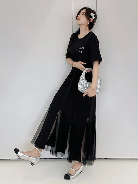 NYFS 2025 Summer New Korea Woman Dress Vestidos Robe Elbise Loose Plus Size Patchwork Mesh Hem Short Sleeve Long Dresses