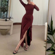 Elegant White Ruched Dresses Womens Long Sleeve Curvy Slit Evening Luxury Party Dress Winter Evening Black Gowns Red Prom Robe