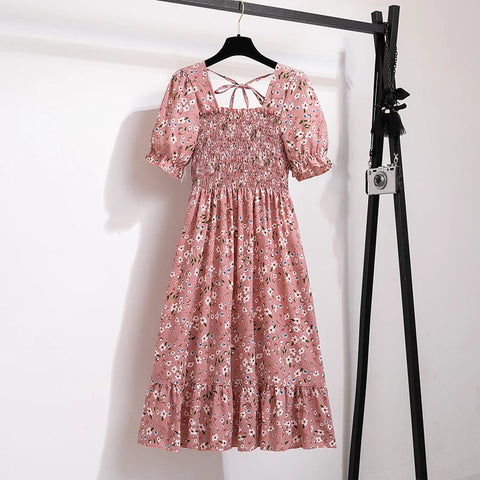 Spring Summer Chiffon Dresses Fashion Female Elastic Waist Short Sleeve Pleated Casual Dress Women A-line Dresses Vestidos