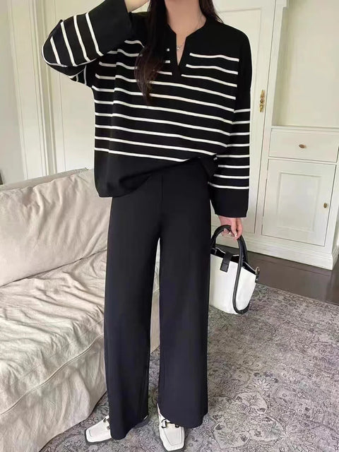 Women's Sweater Matching Set Winter New In Stripe Knit Pullover Long Sleeve Top Wide Leg Pants Set Casual Elegant Women's Sets