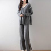 100% Pure Wool Low V-Neck Knitted Sweater Set, Women's Autumn Winter Drape Temperament Straight Leg Floor Pants Two-Piece Set