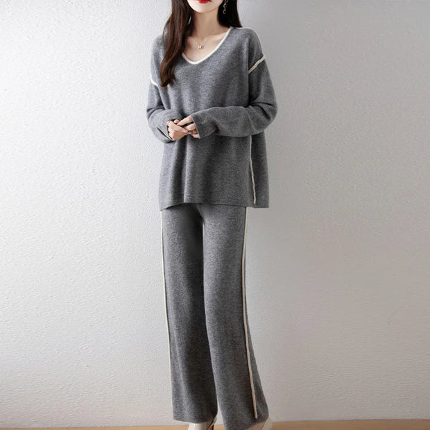 100% Pure Wool Low V-Neck Knitted Sweater Set, Women's Autumn Winter Drape Temperament Straight Leg Floor Pants Two-Piece Set