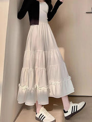 Jmprs Chic Ruffles Sweet Long Skirt Women Elegant High Waist Cake Skirts Korean Fashion Female Summer Casual White A Line Skirt