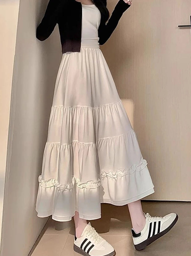 Jmprs Chic Ruffles Sweet Long Skirt Women Elegant High Waist Cake Skirts Korean Fashion Female Summer Casual White A Line Skirt