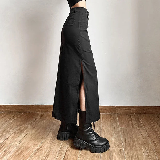 Women Midi Skirts Goth Dark Grunge Casual Tag Split Mall Gothic Punk High Raise Slim Long Skirt Y2k Sexy Fashion Streetwear