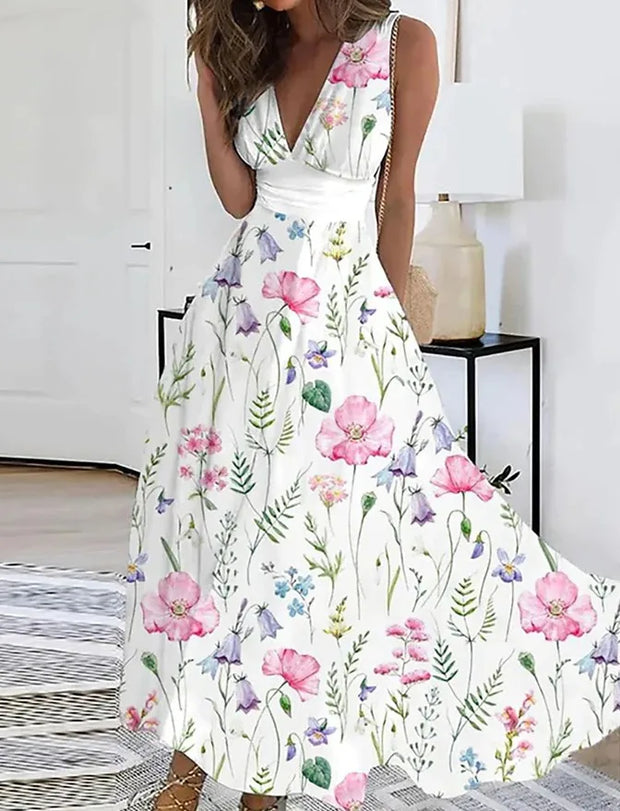 Summer V Neck Sleeveless Slim Sexy White Printing Casual Maxi Dresses Floral Elegant Party Holiday Long Dress Women