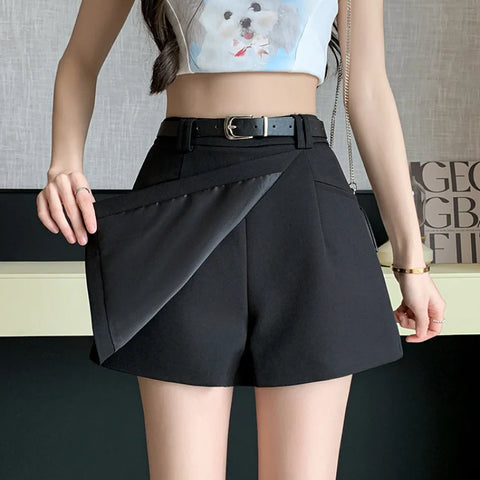 New Casual Women Suit Shorts 2024 Summer Fashion High Waist A-line Shorts Skirts Korean Style Ladies Culottes Gray/Black