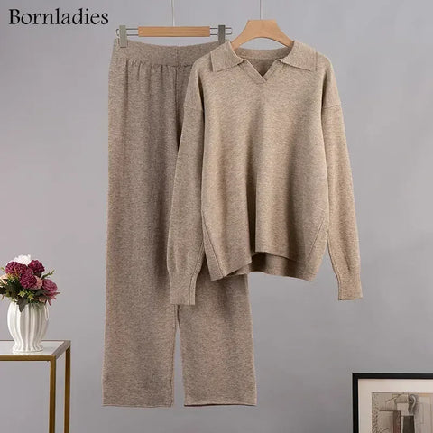 Bornladies Winter Thick Women Knitted Suits Soft 2 Pieces Sets Female Polo Neck Sweater & Wide Leg Pants Knitted Outfit