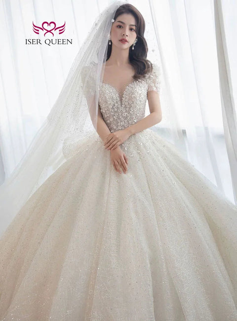 Customized 3D Floral Appliques Sweet Princess Bridal Dress 2024 For Woman Short Sleeves Sequin Tulle Wedding Dresses WX0361