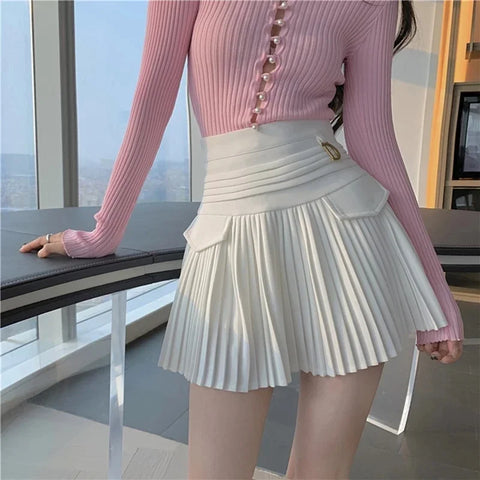 Summer White Pleated Skirts Sexy Casual Slim College Women High Waist Mini Metal Letter D Ontwerp A-lijn Korean Fashion Style