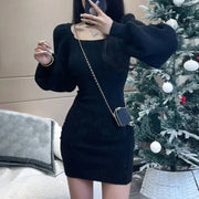 Elegant Solid Knit Mini Dress Women Square Collar Long Lantern Sleeve Dresses