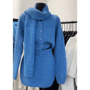 Winter Commuter Women Suit New Korean Style Solid Color Knitted Cardigan Short Skirt Set Blue Two Piece Sets Women Outfits