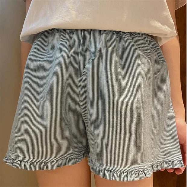 Y2k Womens Ruffle Lounge Shorts Plaid Gingham Print Casual Pajama Shorts Cute Striped Checkered Sleep Pj Bottom