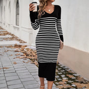 Autumn Winter Women's Knit Dress Female V-neck Stripe Slim Fit Sweater Long Sleeve Dress Lady's Warm Knitwears For Women