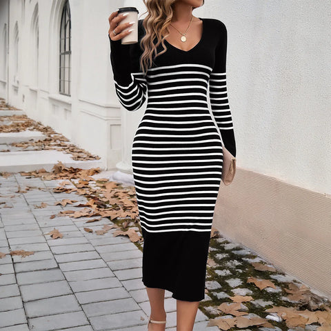 Autumn Winter Women's Knit Dress Female V-neck Stripe Slim Fit Sweater Long Sleeve Dress Lady's Warm Knitwears For Women