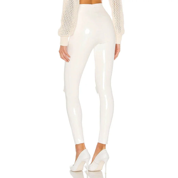 Women Shiny PU Leather White PVC Pants Slim 4XL Sexy Leggings Latex Stretchy High Waist Bodycon Pants Summer Skinny Trousers